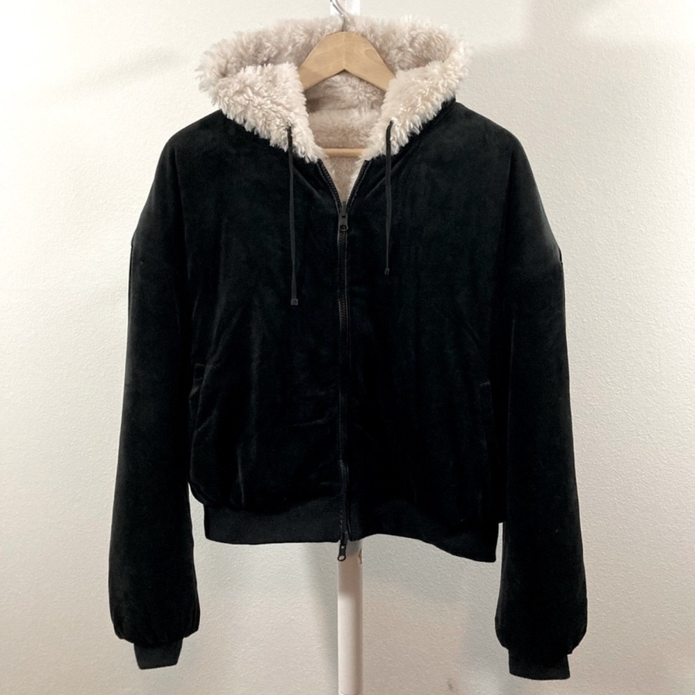 Blanc Noir Reversible Hooded Jacket Black Velvet Cream Sherpa Teddy Faux Fur L